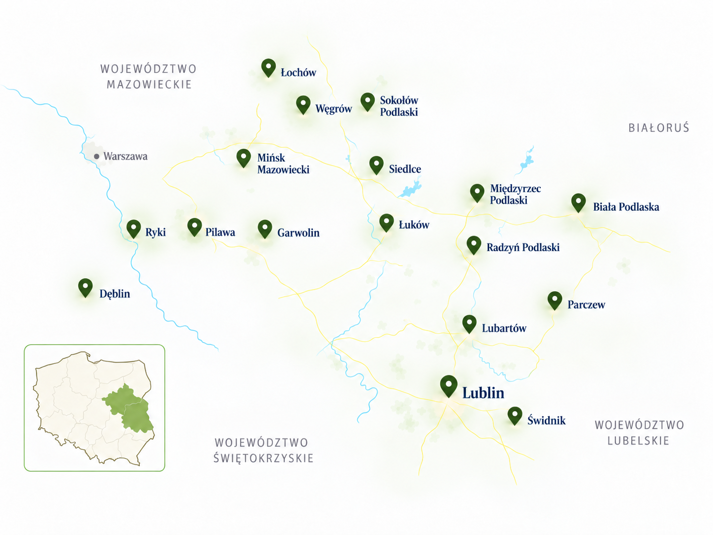 Mapa części wschodniej Polski z zaznaczonymi miejscowościami objętymi dostawą Tylko Zdrowe